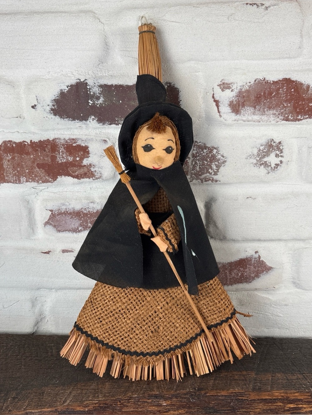 Vintage Straw Broom & Burlap Witch Halloween Rare Decoration Hat/Cape 14”